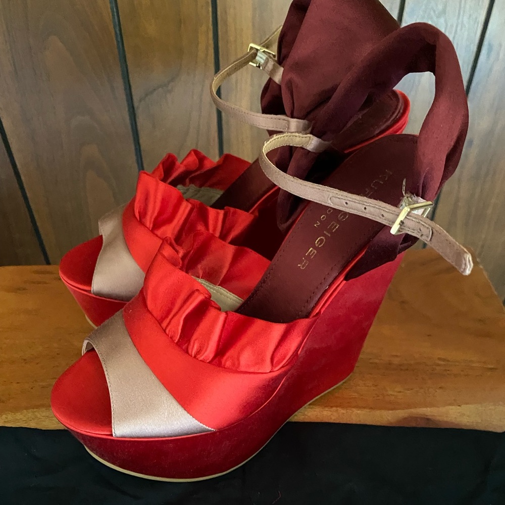 Kurt Geiger, size 39, red satin, wedge shoes